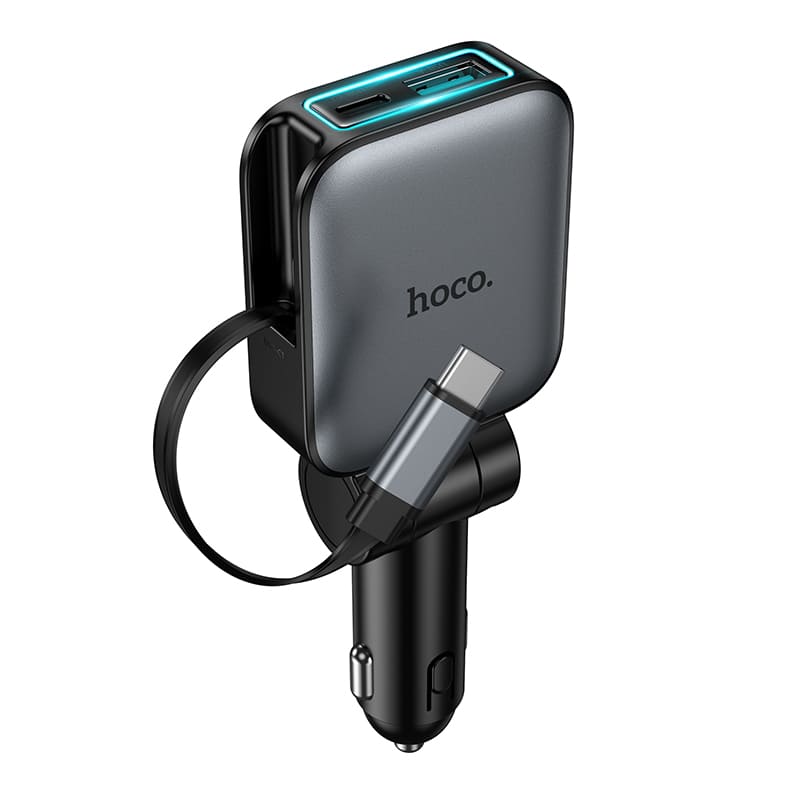 фото Автомобильное зарядное устройство + выдвижной кабель Type-C HOCO Z67 60W PD 45W+QC3.0 75см серый металл