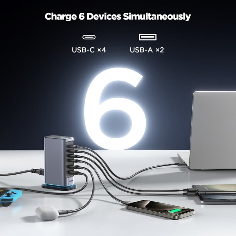 фото Сетевое зарядное устройство Адаптер Блок питания Joyroom JR-TCM02 65W GaN Multi-port PD 4Type-C USB-C+2USB настольный 1.5м темно-серый