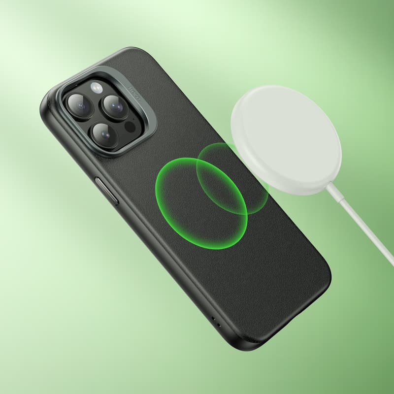 фото Чехол накладка для iphone 15 Pro Max (6.7) HOCO AS8 силикон+пластик под кожу с магнитом черная