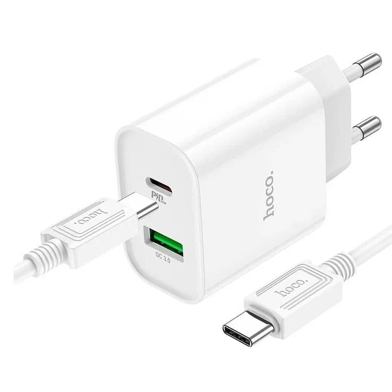 фото Сетевое зарядное устройство + кабель Type-C to Type-C HOCO C80A Plus PD 20W+QC3.0 3A белый