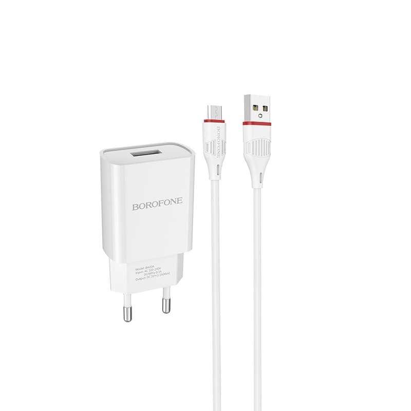 фото Сетевое зарядное устройство + кабель Micro USB Borofone BA20A 1USB 2.1A белый