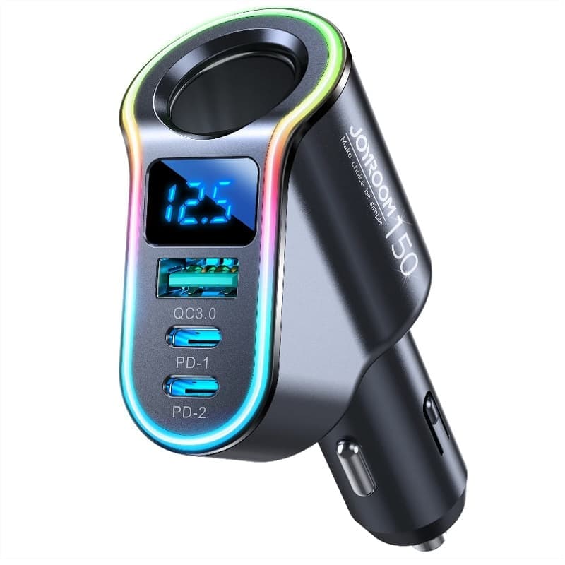 фото Разветвитель Joyroom JR-CL21 LED 150W 1 прикуриватель + USB QC3.0 + 2PD USB-C черный с дисплеем