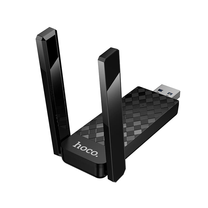 USB адаптер Wi-Fi6 HOCO HI34 с внешней двойной антеной черный (2.4G+5G 2.4ГГц до 286Мбит/с)