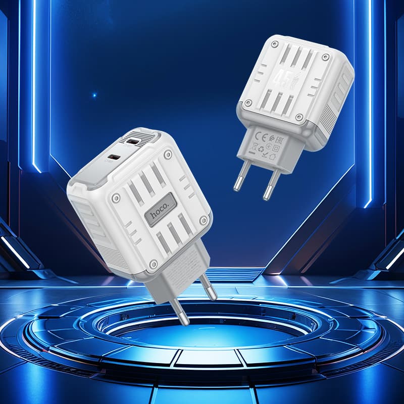 фото Сетевое зарядное устройство Адаптер Блок питания HOCO C137A Rock 2PD 45W QC3.0 / 2 Type-C USB-C 3A белое