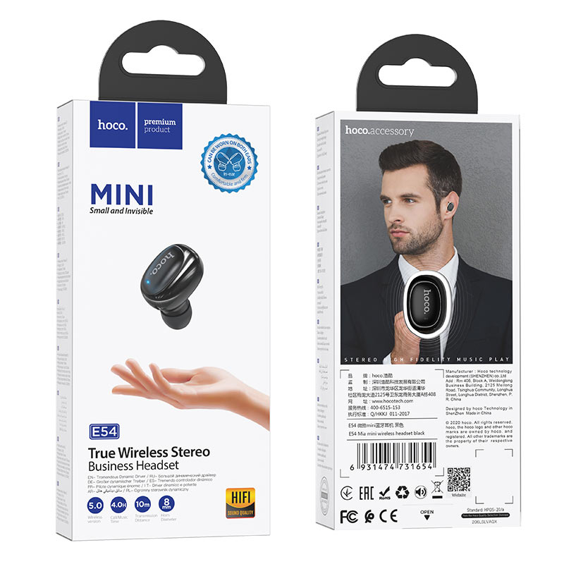 Изображение BT Блютуз-гарнитура HOCO E54 mini черная фото BT Блютуз-гарнитура HOCO E54 mini черная