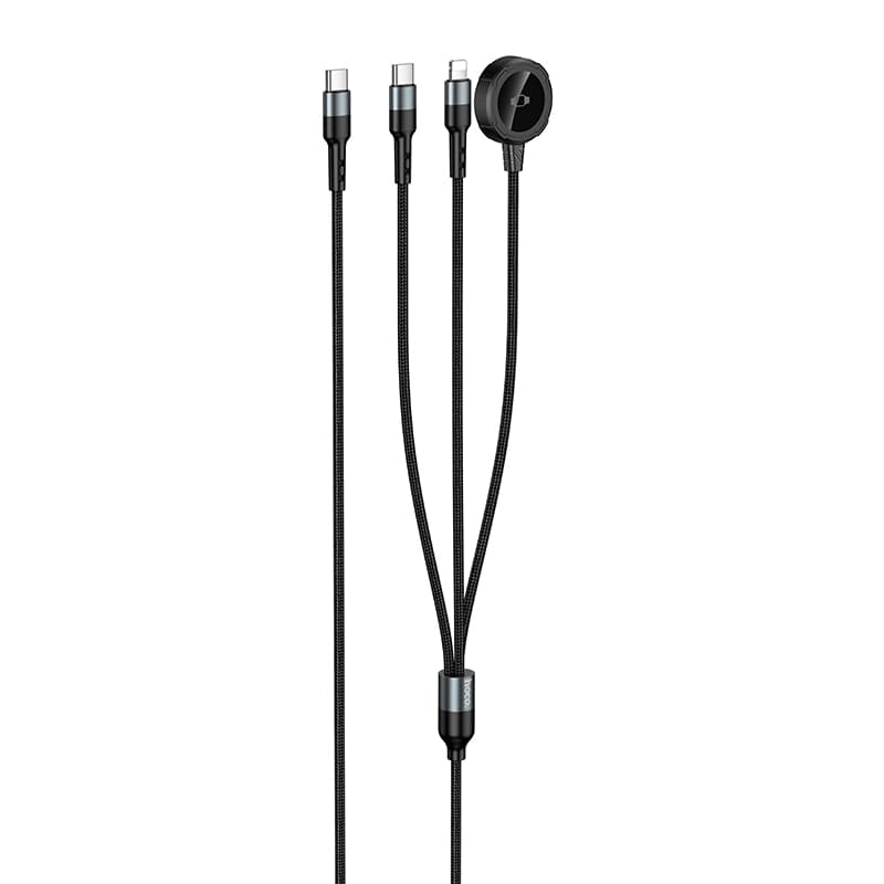 Кабель для зарядки 3 в 1 Lightning 2.4A/Type-C 2A/iWatch 2.5W HOCO CW64 1.2м в тканевой оплетке черный