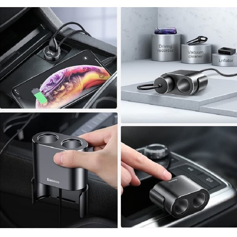 фото Разветвитель Baseus 2 прикуривателя 80W + 2USB 3,1A черный CRDYQ-01