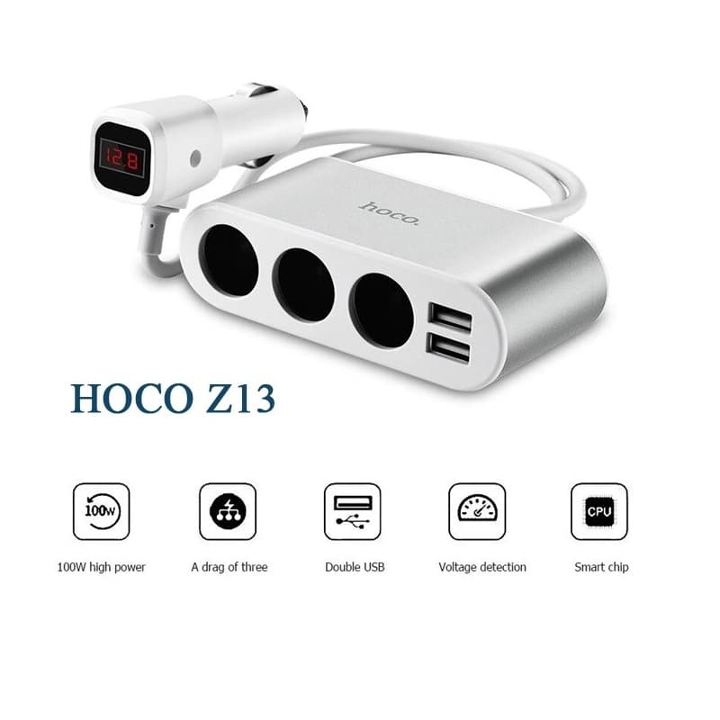 фото Разветвитель HOCO Z13 LCD 3 прикуривателя + 2USB 2,1A серебро