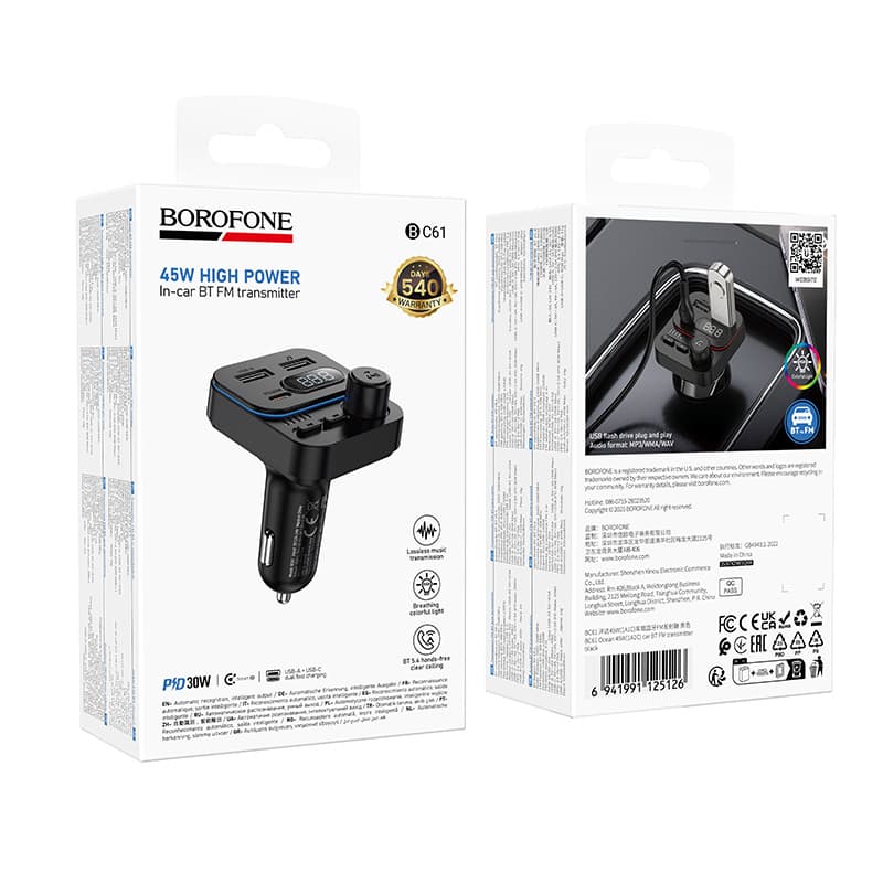 фото FM трансмиттер bluetooth модулятор Borofone BC61 45W USB + PD 30W черный