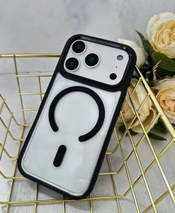 Чехол накладка для iphone 17 Pro (6.3) силикон+пластик с магнитом для magsafe прозрачный с черным бампером