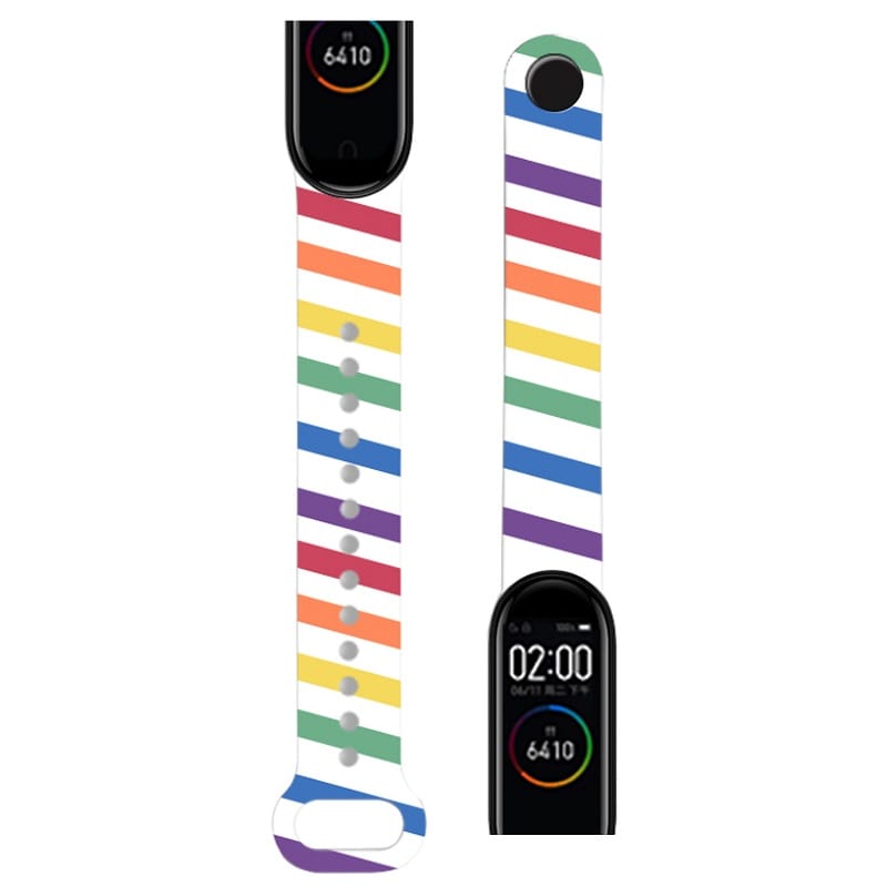 Ремешок для Mi Band 5/Mi Band 6/Mi Band 7 белый с разноцветными полосками Ремешок для Mi Band 5/Mi Band 6/Mi Band 7 белый с разноцветными полосками