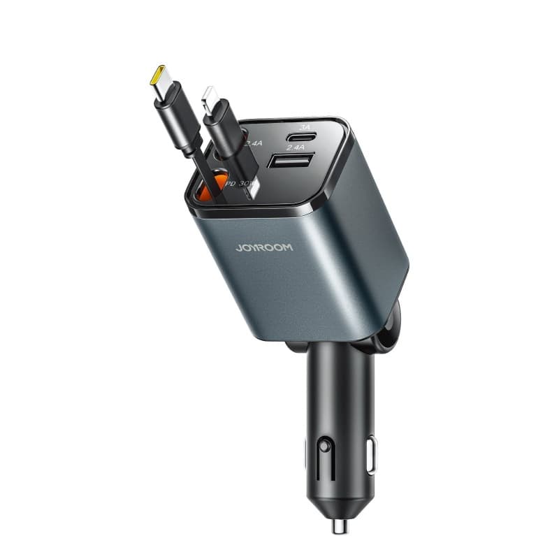 фото Автомобильное зарядное устройство Joyroom JR-CCL05 50W 4в1 PD 3.0+USB 2.4A + выдвижной кабель Type-C USB-C / Lightning темно-серое 
