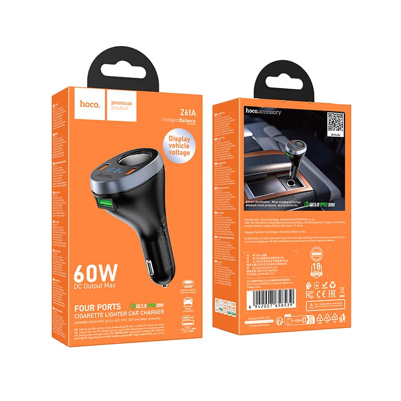 фото Разветвитель HOCO Z61A 60W LED 1 прикуриватель + 2 PD 30W USB QC3.0 черный с дисплеем