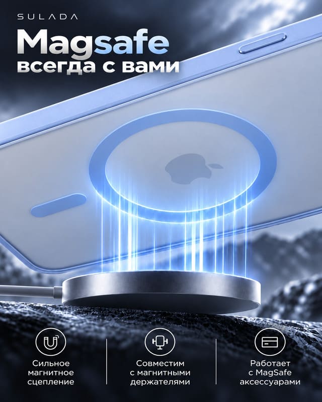 фото Чехол накладка для iphone 17 Pro Max/18 Pro Max 6.9 SULADA Mag силикон+пластик прозрачный матовый с металлической защитой камеры с магнитом голубой