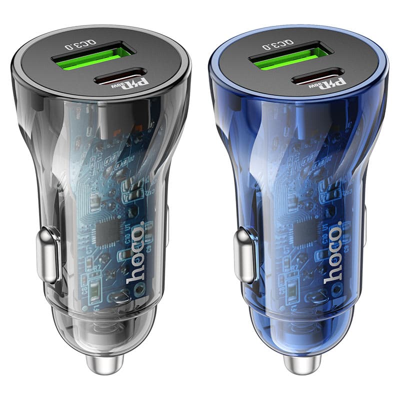 фото Автомобильное зарядное устройство HOCO Z47A PD 30W+QC3.0 / Type-C USB-C+USB прозрачное черное