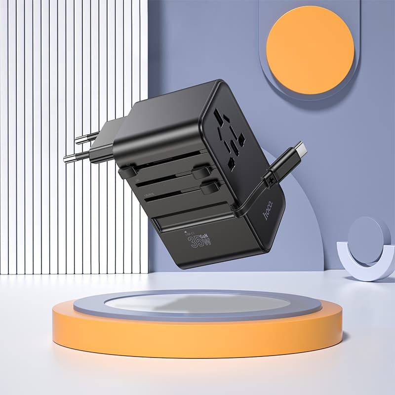 фото Универсальное зарядное устройство адаптер Hoco AC18 Supporter PD35W EU/US/AUS/UK 3 порта / Type-C USB-C+2USB 8A с выдвижным кабелем Type-C USB черный