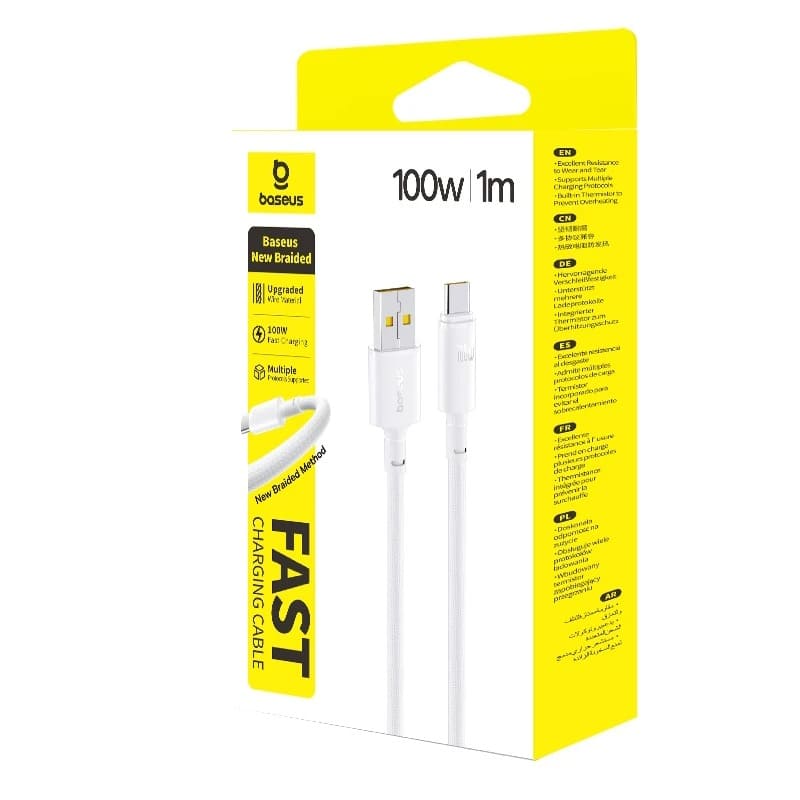 Кабель для зарядки Type-C USB Baseus E0426W03 100W/7.5W 1м в оплетке белый