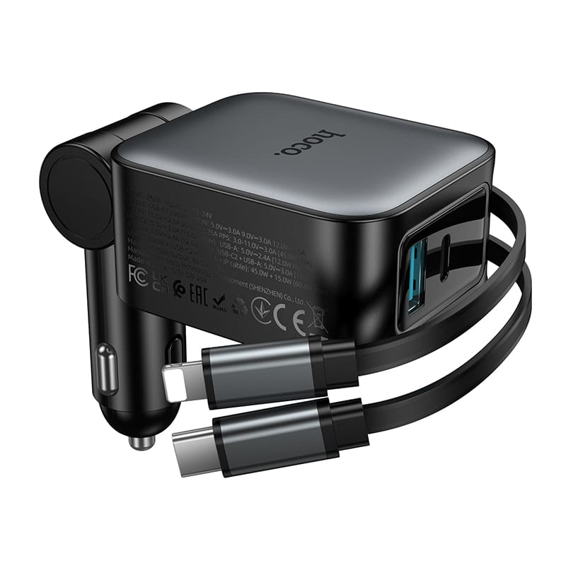 фото Автомобильное зарядное устройство HOCO Z67A 60W 4в1 PD 45W+QC3.0 + выдвижной кабель Type-C USB-C / Lightning 75см с дисплеем серый металл