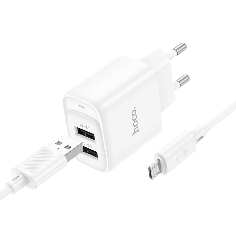 фото Сетевое зарядное устройство + кабель Micro USB HOCO C141A 2USB 2.1A 1м белый