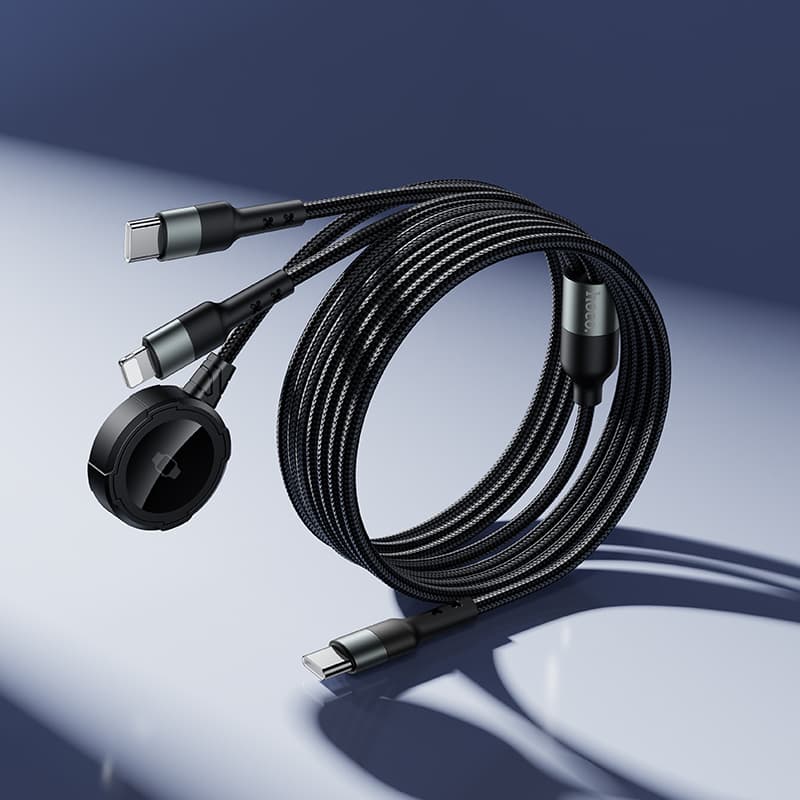 Кабель для зарядки 3 в 1 Lightning 2.4A/Type-C 2A/iWatch 2.5W HOCO CW64 1.2м в тканевой оплетке черный