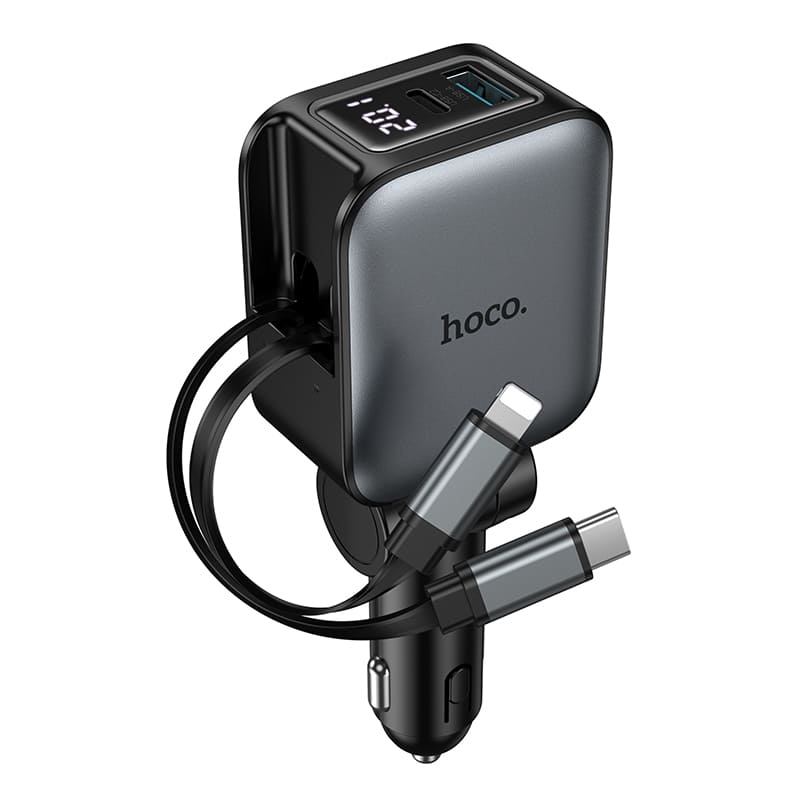 фото Автомобильное зарядное устройство HOCO Z67A 60W 4в1 PD 45W+QC3.0 + выдвижной кабель Type-C USB-C / Lightning 75см с дисплеем серый металл