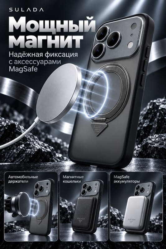 фото Чехол накладка для iphone 17 Pro Max/18 Pro Max 6.9 SULADA Cool Shield Metall силикон+пластик притемненный матовый черный бампер с магнитом и кольцом-держателем с металлической защитой камеры