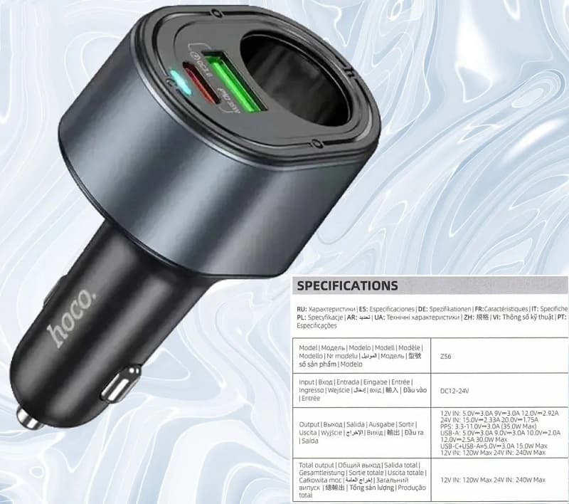 фото Разветвитель HOCO Z56 1 прикуриватель + PD 35W + USB QC3.0 черный