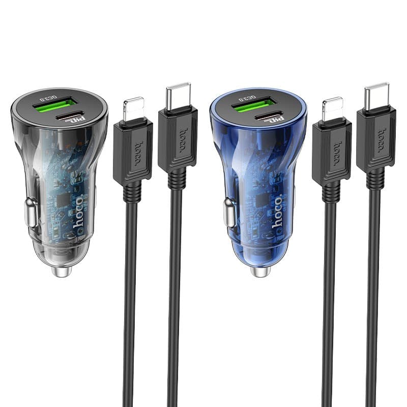 фото Автомобильное зарядное устройство + кабель Type-C to iphone lightning 8 pin HOCO Z47A PD 30W+QC3.0 1м прозрачный черный