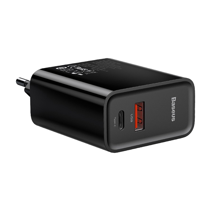 фото Сетевое зарядное устройство Адаптер Блок питания Baseus Speed PD 30W+QC3.0 Type-C USB-C+USB черное CCFS-C01