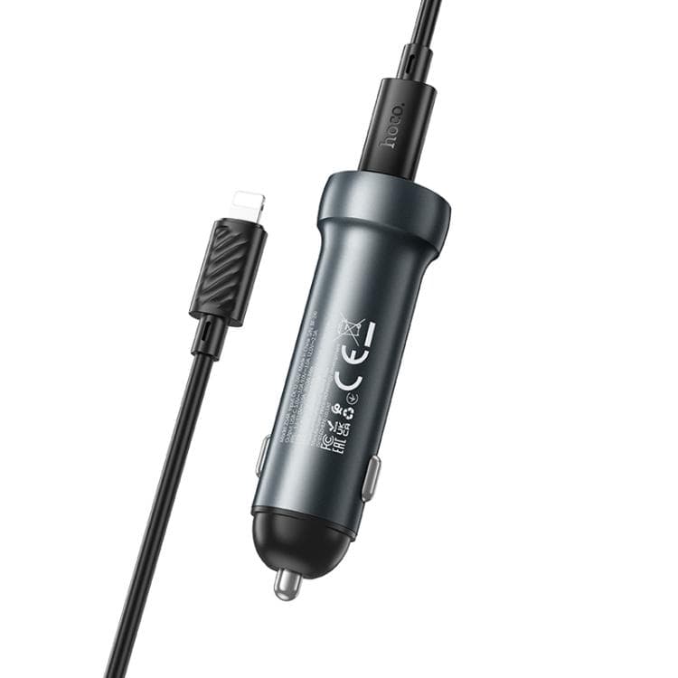 фото Автомобильное зарядное устройство + кабель Type-C to iphone lightning 8 pin HOCO Z54A 48W PD 30W+QC3.0 3A 1м серый металл