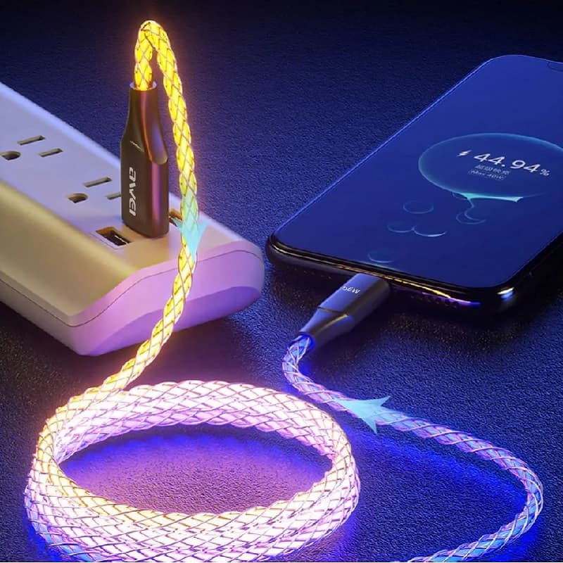 Кабель для зарядки Type-C USB Awei CL-127T 66W 1м RGB подсветка
