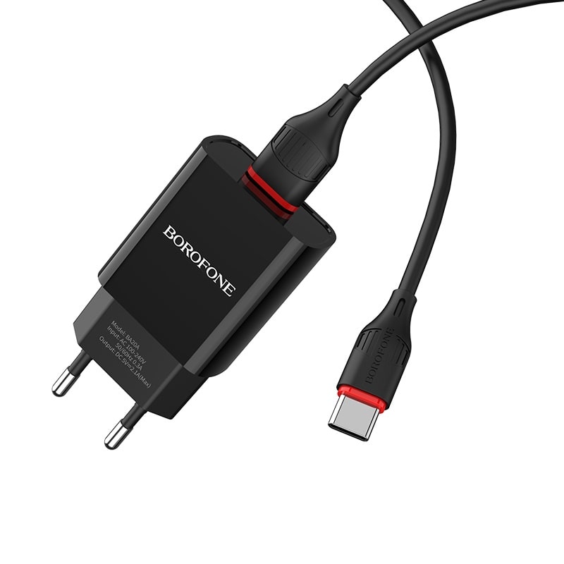 фото Сетевое зарядное устройство + кабель Type-C Borofone BA20A 1USB 2.1A черный