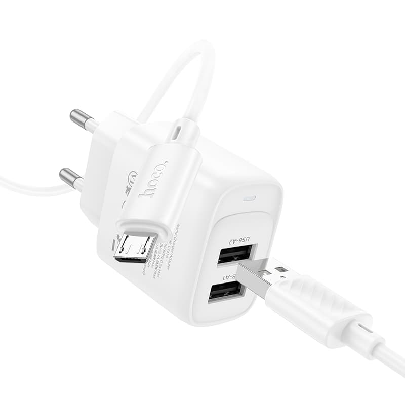 фото Сетевое зарядное устройство + кабель Micro USB HOCO C141A 2USB 2.1A 1м белый