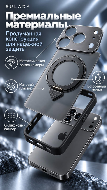фото Чехол накладка для iphone 17 Pro Max/18 Pro Max 6.9 SULADA Cool Shield Metall силикон+пластик притемненный матовый черный бампер с магнитом и кольцом-держателем с металлической защитой камеры