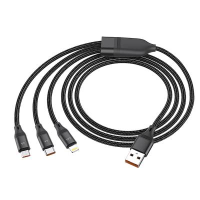 Кабель для зарядки 3 в 1 Lightning 2.4/Micro 2A/Type-C 6A HOCO U104 66W 1.2м в тканевой оплетке черный