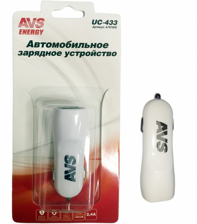 фото Автомобильное зарядное устройство AVS UC-433 2USB 2,4A  1,2А+1,2А белое 