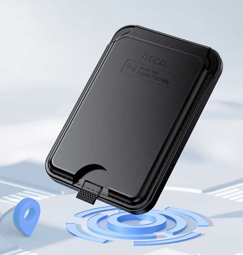 фото Карман на телефон чехол для карт картхолдер с GPS трекером маячком AirTag Hoco E91I Tiger для iphone магнитный с подставкой кожа черный