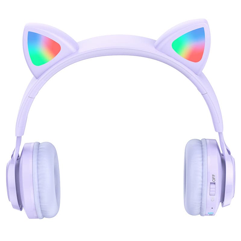 Изображение Наушники беспроводные накладные HOCO W39 Cat ear kids с ушками фиолетовые фото Наушники беспроводные накладные HOCO W39 Cat ear kids с ушками фиолетовые