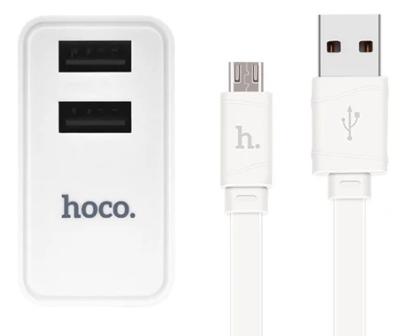 Сетевое зарядное устройство + кабель для iphone Lightning HOCO C6 2USB 2,1A  EURO плоский белый