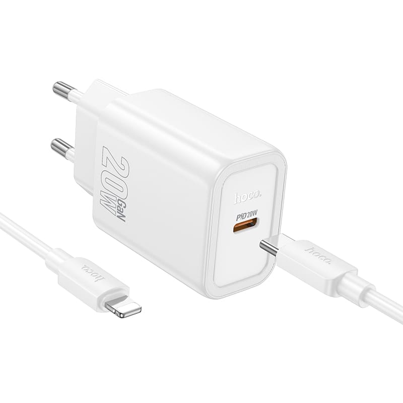 фото Сетевое зарядное устройство + кабель для iphone Lightning to Type-C HOCO N60 GaN PD 20W 1м белый