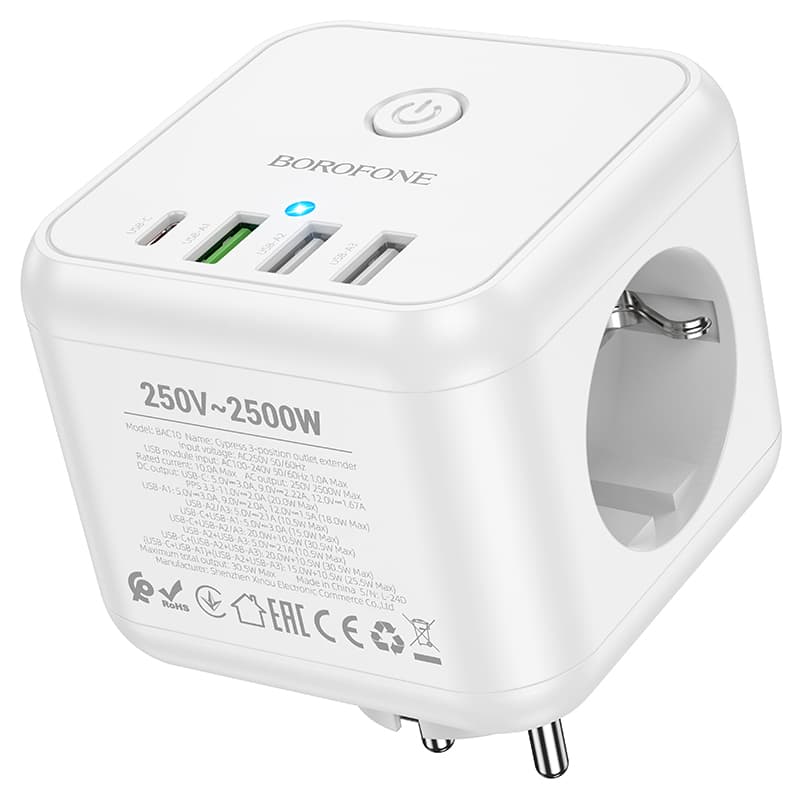 Сетевой фильтр Borofone BAC10 3 гнезда + Type-C USB-C PD 20W + 3USB QC3.0 2500W белый