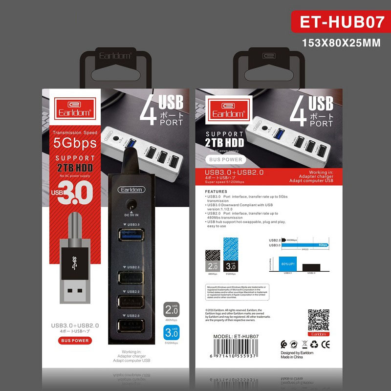 Разветвитель адаптер переходник USB HUB Хаб Ealdom ET-HUB07 4 порта USB 2.0x3+USB 3.0 черный