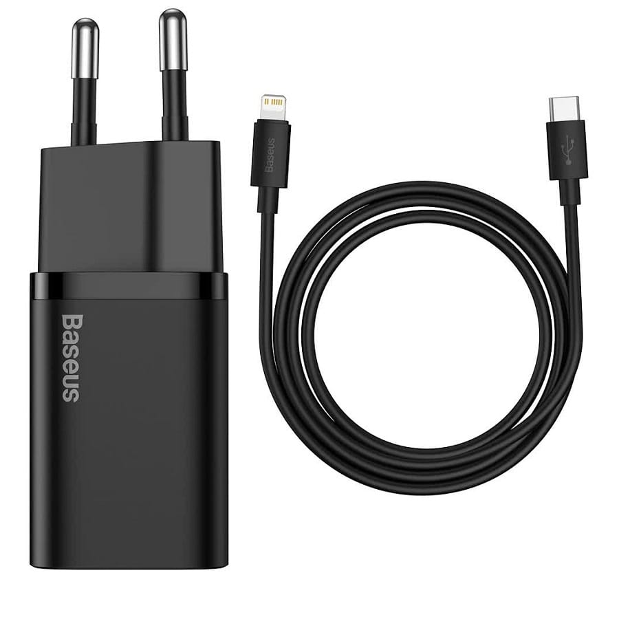 фото Сетевое зарядное устройство + кабель для iphone Lightning to Type-C Baseus Super Si Quick 1C 20W черный TZCCSUP-B01