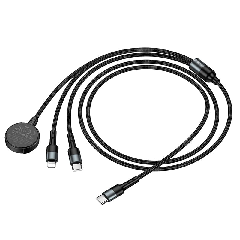 Кабель для зарядки 3 в 1 Lightning 2.4A/Type-C 2A/iWatch 2.5W HOCO CW64 1.2м в тканевой оплетке черный