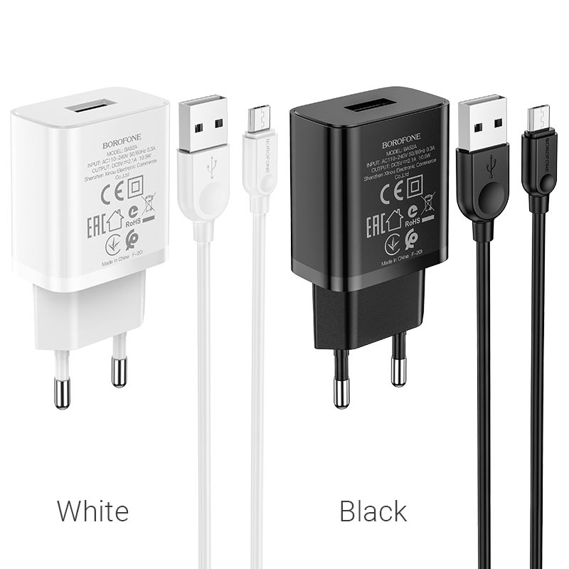 фото Сетевое зарядное устройство + кабель Micro USB Borofone BA52A 1USB 2.1A белый