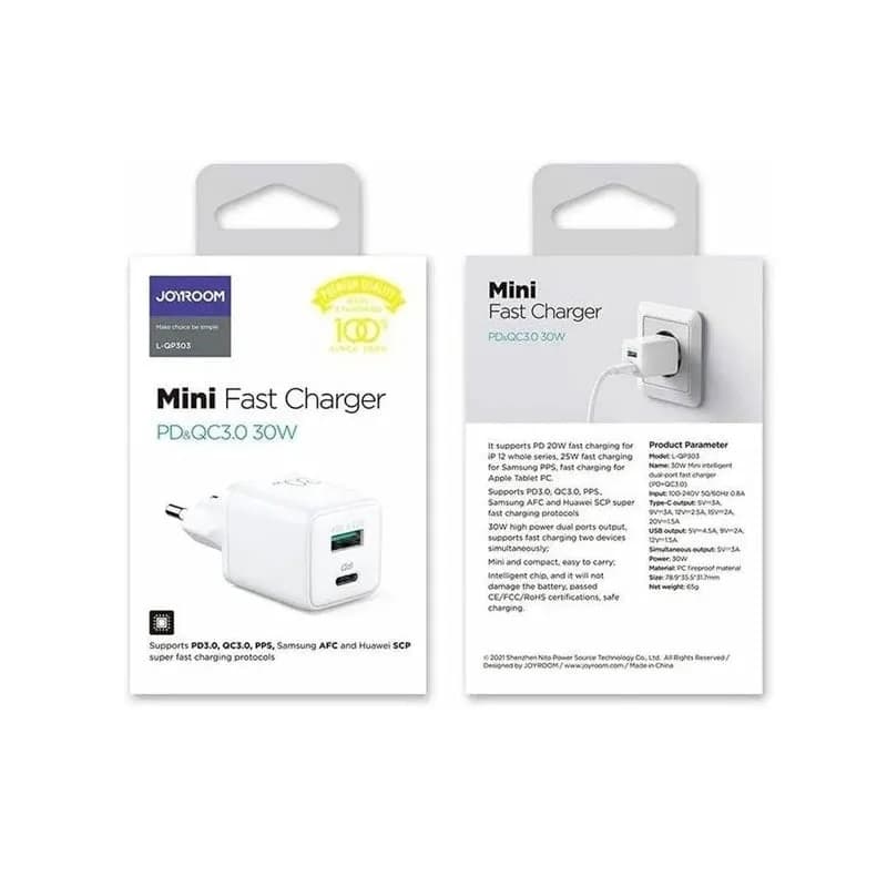 фото Сетевое зарядное устройство Адаптер Блок питания Joyroom L-QP303 Mini PD 30W+QC3.0 / Type-C USB-C+USB белое