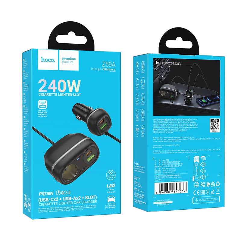 фото Разветвитель HOCO Z59A 240W 1 прикуриватель + PD 30W + USB QC3.0/ 2 Type-C USB-C + 2USB черный