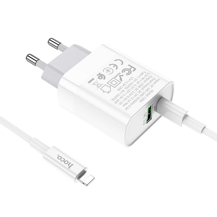 фото Сетевое зарядное устройство + кабель для iphone Lightning to Type-C HOCO C80A PD 20W+QC3.0 3A белый