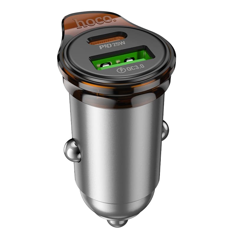 фото Автомобильное зарядное устройство HOCO NZ16A 43W PD 25W+QC3.0 / Type-C USB-C+USB серый металл