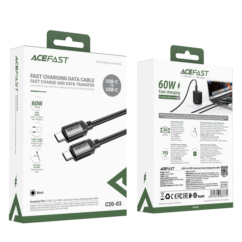 Кабель для зарядки Type-C to Type-C Acefast C20-03 60W 1.2м в тканевой оплетке черный